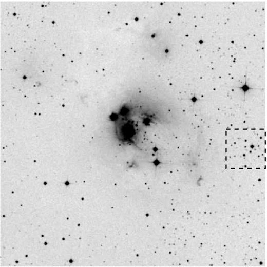 Area of the cluster NGC 7129 observed in the Vilnius photometric system with VATT (13 arcmin × 13 arcmin). The 2 arcmin × 2 arcmin square surrounds a group of stars which was suspected by Bica et al. (2003b) as an infrared cluster. For more about this group see Section 7. The DSS2 Red map from SkyView.