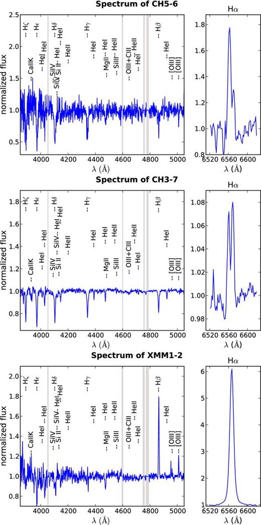 The spectra of the five new BeXRBs identified in this work (including the tentative BeXRB CH7-19). Shaded areas indicate wavelength ranges of bad columns and/or sky subtraction residuals.