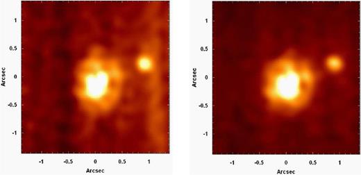 Left: subtraction of the image of the collapsed wavelength interval 2.1820-2.1911 μm from the image of the collapsed wavelength interval 2.2510-2.2600 μm, both from the data cube of M87 before the instrumental fingerprint removal. Right: the same image shown at left, but from the data cube of M87 after the instrumental fingerprint removal.