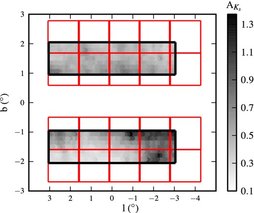 The GBS coverage. The black boxes indicate the GBS region. In red, we show the VVV pointings which were used for the search of the NIR counterparts of the X-ray sources. The grey colour scale indicates the strength of the extinction value in the Ks band ($A_{K_{\rm s}}$) towards the GBS fields (see Section 4 for more details).