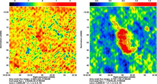 A comparison of the supernova remnant Kes 63 in the VLSS (left) and VLSSr (right) processing.