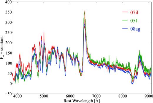 Montage of spectra for the three SNe II-P shown in Fig. 4. The time is ∼80 d after explosion.