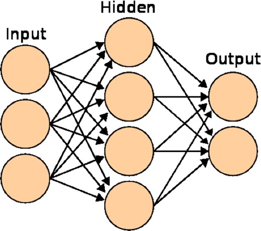 A 3-layer NN with 3 inputs, 4 hidden nodes, and 2 outputs. Image courtesy of Wikimedia Commons.