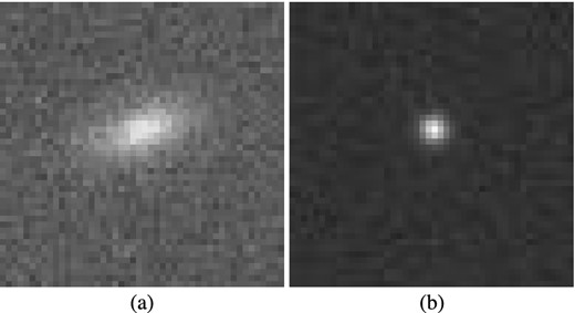 Example image pair of (a) galaxy and (b) star from the MDM Challenge; each image contains 48 × 48 grey-scale pixels.