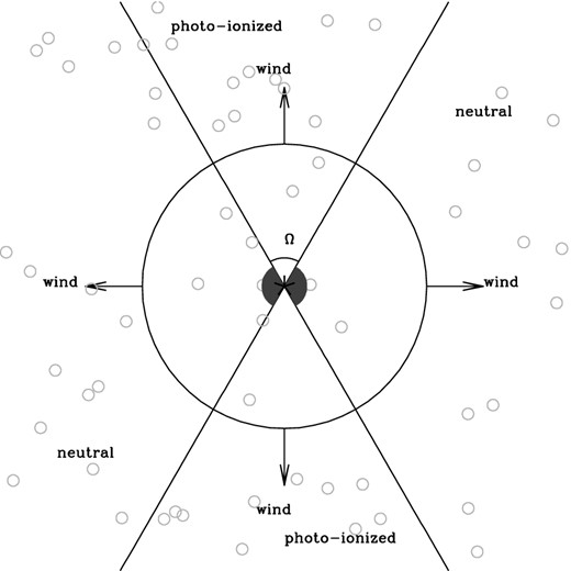 A cartoon of our model for the narrow-line region of a quasar (central five-point star). The quasar is surrounded by circumnuclear obscuring material (dark grey ‘torus’) whose opening angle is Ω. The wind propagates more isotropically than the ionizing radiation from the quasar which is concentrated in bi-cones marked ‘photoionized’. Optical emission lines are produced by dense clouds (small circles).