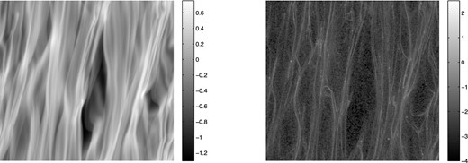 Logarithmic surface density of the gas (left) and particles (right) in the quasi-steady state in the run starting with a lower surface density of particles, Σp, 0 = 10− 3Σ0, at tc = 10 Ω−1. The dust particles are preferentially collected in the overdensities (crests) of density waves formed due to the gravitational instability in the gas. Because of the low dust mass, the gas and particle dynamics are largely unaffected by the particle self-gravity and by the back-reaction via drag force.