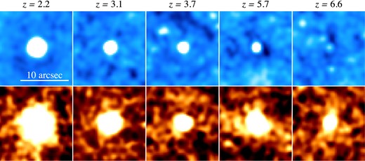 Composite continuum (top panels) and Lyα (bottom panels) images of our LAEs produced by the mean-combined method. From left to right panels, we show z = 2.2, 3.1, 3.7, 5.7, and 6.6 LAE images.
