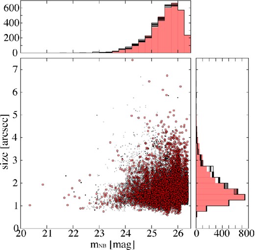 Size and NB-magnitude distribution of LAEs and non-LAEs of NB387 images. In the central panel, the red and black circles represent LAEs and non-LAEs, respectively. Similarly, in the top and right panels, red and black histograms denote LAEs and non-LAEs, respectively.