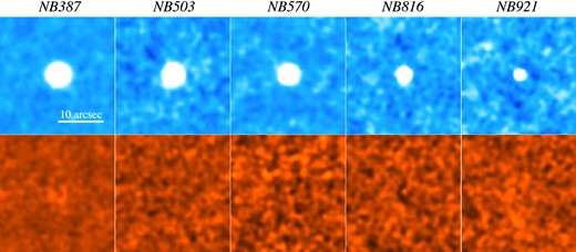 Composite continuum (top panels) and Lyα (bottom panels) images of non-LAEs that are made by the mean-combined method. From left to right panels, we show NB387, NB503, NB570, NB816, and NB921 images.