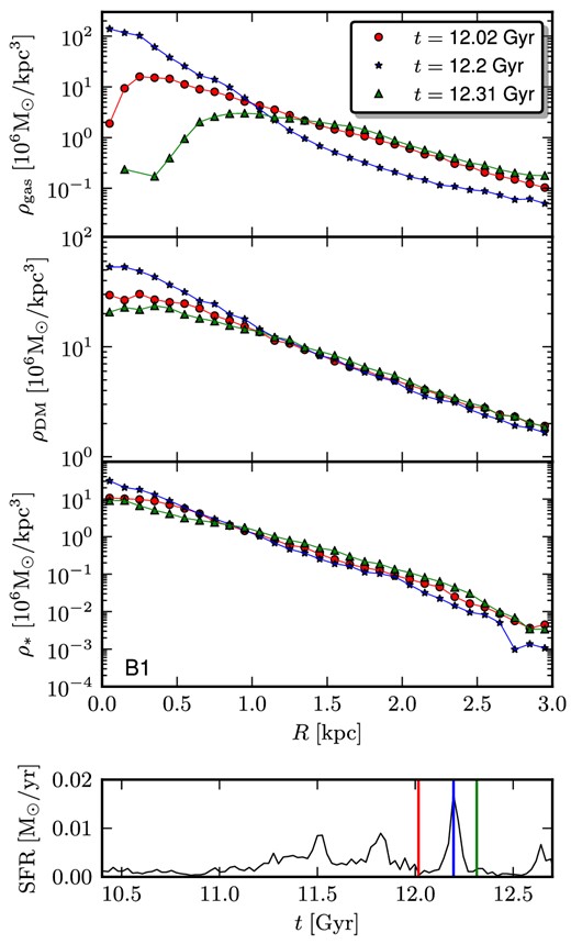 Gas, DM and stellar density profile of B1 before (light grey circles, red in the online colour version), during (black stars, blue in the online colour version) and after the starburst event (grey triangles, green in the online colour version).