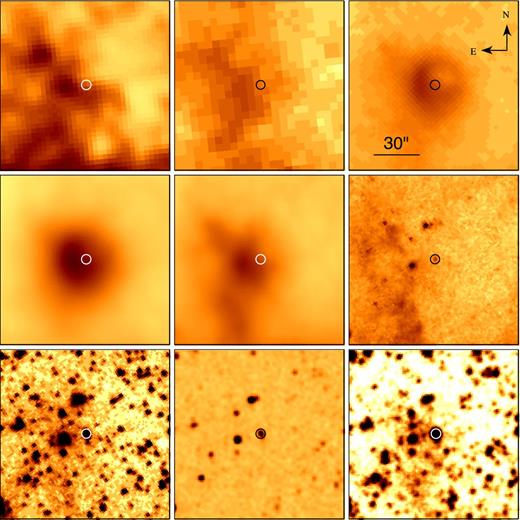 From left to right, and from top to bottom: Herschel PACS 160 μm, Spitzer MIPS 70 and 24 μm, WISE 22 and 12 μm, Spitzer IRAC 8 and 3.6 μm, 2MASS J-band and DSS-II red-band images of the region of the LMC containing the new circular shell and its central star (indicated by a circle). The orientation and the scale of the images are the same. At the distance of the LMC of 50 kpc, 30 arcsec corresponds to ≈7.2 pc.
