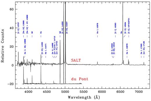 1D reduced spectra of the circular shell obtained with the SALT and du Pont telescopes (the du Pont spectrum is shifted downwards by 20 counts). All detected emission lines are marked.