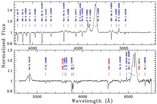 Normalized spectrum of the new WR star BAT99 3a (star 1) in the LMC observed with Gemini-South on 2011 March 5 with principal lines and most prominent DIBs indicated.