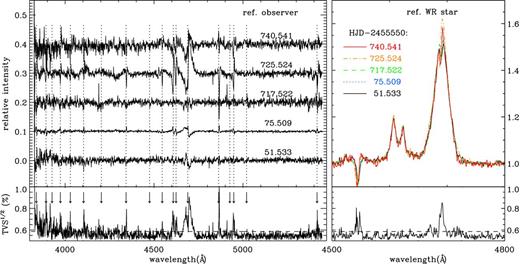 Left: the top panel shows a montage of the residuals (individual spectra minus mean) for our Gemini and du Pont observations in the observer's reference frame. HJD−2455550 is indicated for each residual, and selected spectral lines are marked with a dotted line. The bottom panel shows the TVS, which shows broad double-peaked profiles associated with the emission lines, and narrow peaks associated with the absorption lines. Right: the top panel shows the superposition of the five spectra placed in the reference frame of the WR star. The TVS (bottom panel) shows only signatures of the motion of the absorption lines (with respect to the emission ones) and a change in amplitude of the He ii lines.