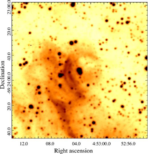 MCELS2 Hα image of the circular shell. BAT99 3a and star 2 are clearly resolved in the image. At the distance of the LMC of 50 kpc, 20 arcsec corresponds to ≈4.8 pc.