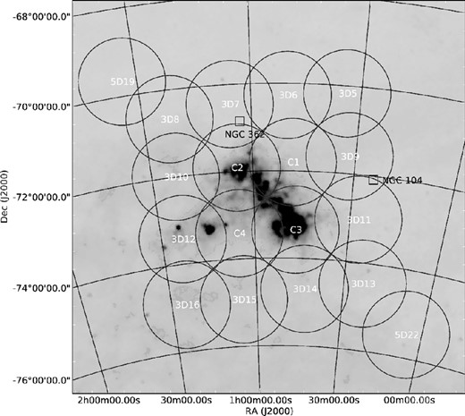 A 9° × 9° image of the sky centred on the SMC (100 μm IRIS data; Miville-Deschênes & Lagache 2005). The circles, which each corresponds to an AAT + 2dF/AAOmega pointing, highlight the areas included in our photometric and spectroscopic survey. Note that at least two distinct fibre configurations were observed for each of the four central fields. Two Galactic globular clusters within our survey area are also highlighted (open squares).