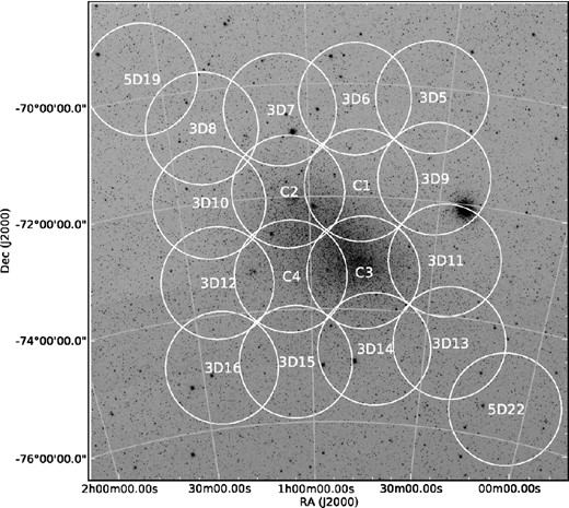 A 9° × 9° image of the sky centred on the SMC [3.4 μm Wide-field Infrared Survey Explorer (WISE) data; Wright et al. 2010. The circles, which each corresponds to an AAT+2dF/AAOmega pointing, highlight the areas included in our photometric and spectroscopic survey. Note that at least two distinct fibre configurations were observed for each of the four central fields.
