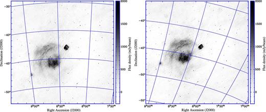 13-min MWA observation of supernova remnants Vela and Puppis A with a centre frequency of 149 MHz. Left: normal projection centred on Puppis A, right: phase-rotated to zenith to reduce w-values, recentred on Puppis A during imaging. Both Stokes-I images have been made with wsclean using the Cotton–Schwab clean algorithm. No beam correction was applied. Imaging computing cost was 60 min for the normal projected image and 41 min for the recentred image.