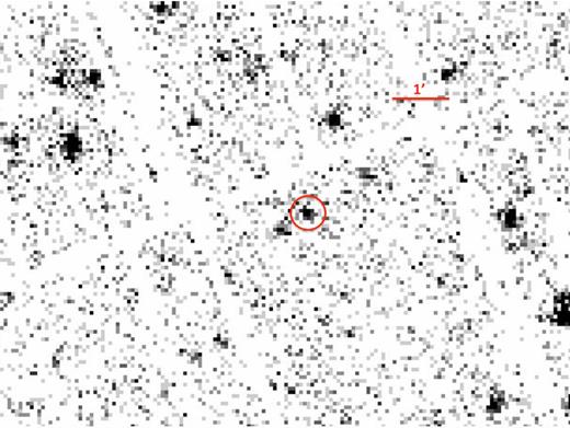 XMM–Newton X-ray image (0.3–12 keV) of the field around Swift J1357.2−0933. To create this image, we combined the data obtained with all three detectors (both MOS cameras and the PN camera). Swift J1357.2−0933 is clearly detected as indicated by the red circle.