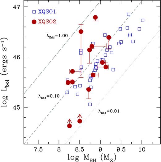 Bolometric luminosities versus black hole masses for the sample of XQSO2s (red filled circles); the bars identify the ranges of values obtained when all the possible modelling (with all the QSO templates and extinction curves) are considered. The arrows mark the two objects for which we are able to put only limits to the nuclear emission (namely, XBSJ052128.9−253032 and XBSJ080411.3+650906). The blue open squares mark the positions of the XQSO1s. Grey long-dashed, dashed and dotted lines define the locus for sources emitting at the Eddington limit, at 1/10 of it, and at 1/100 of it.