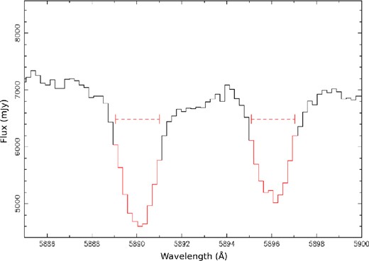 The mask used in the search for Na absorption. The regions used in the search are highlighted in red, and are 2 Å across.