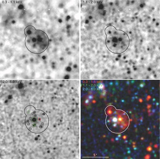 XMM–Newton EPIC exposure-corrected, background-subtracted X-ray images in three different energy bands in the field of view of NGC 2359. The energy bands are labelled in the upper-left corner of each panel. The bottom-right panel shows a colour-composite image of the three other panels. The diffuse X-ray emission towards NGC 2359 is delimited by solid-line (black or white) polygonal aperture and the identified point-like sources with dashed-line circles (only shown in the bottom-left panel). The point sources excised by Z14 are shown in red (e.g. WR 7) and green. North is up, east to the left.