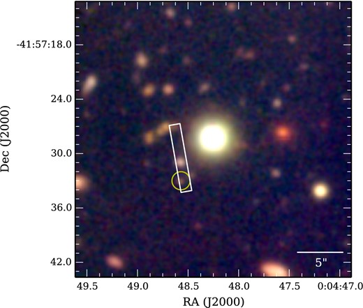 u′, g′ and r′ composite from Magellan/MagIC imaging showing the QSO (centre) and the nearby slit where Lyα emission is seen at z = 2.466. The circled object is the r = 25.9 continuum source we associate with the Lyα line. It is offset 3.53 arcsec east and 4.68 arcsec south of the QSO, corresponding to an impact parameter of 49 proper kpc at z = 2.466. The object at the centre of the slit is an unrelated galaxy at z < 2.