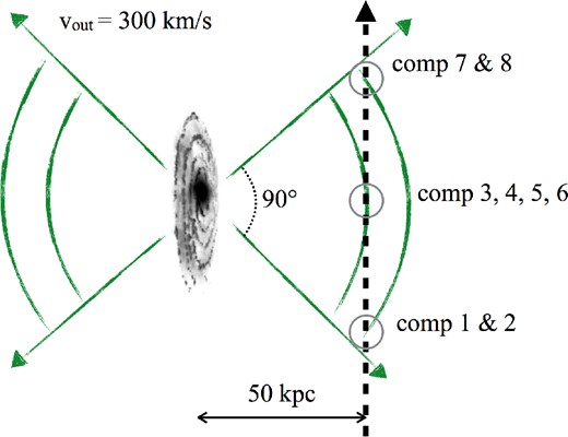 A toy model of an outflow that is consistent with the absorption we observe. The dashed line is the sightline to the background QSO, which passes through a shell of gas outflowing from the nearby galaxy with velocity 300 km s− 1. The density of the gas decreases with radius, meaning the strongest components are produced at the smallest radii from the galaxy. Here we assume an outflow opening angle of 90°, but larger angles are also possible.