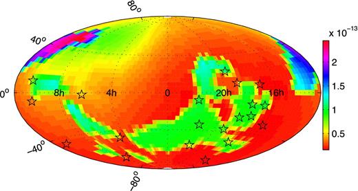 Sensitivity of the PPTA data set to GWM events. Note that the scale is in 10−13 leading to a maximum sensitivity of ∼10−14 and a worst case sensitivity of ∼3 × 10−13.