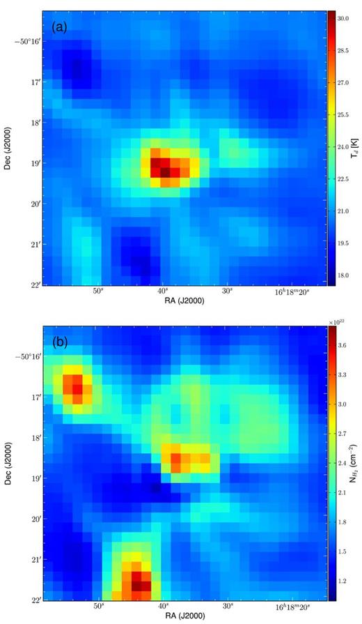 (a) Dust temperature map, and (b) column density map of the region around IRAS 16148−5011, derived using the SED fitting to the thermal dust emission.