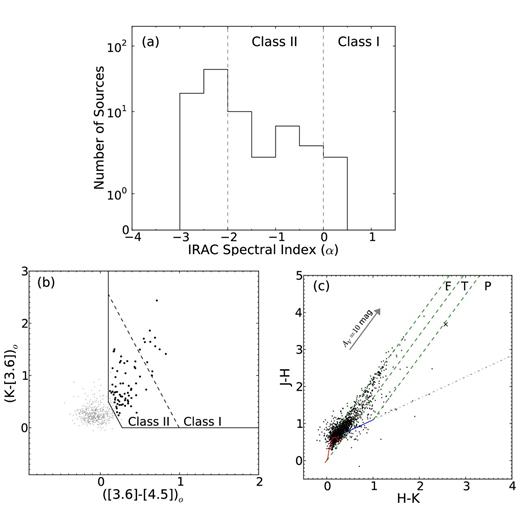 (a) Histogram of the IRAC spectral indices. The limits for Class I and Class II sources have been marked by dashed grey vertical lines. (b) NIR–MIR CCD using the procedure of Gutermuth et al. (2009). The regions of Class I and Class II sources have been labelled. The identified YSOs have been shown with black solid circles. (c) NIR CCD in CIT system. The red curve and the blue line show the dwarf locus (Bessell & Brett 1988) and the CTTS locus (Meyer et al. 1997), respectively. The grey dot–dashed line is the extension of CTTS locus. Three parallel slanted dashed lines mark the reddening vectors, drawn using extinction laws from Cohen et al. (1981). Three separate regions, ‘F’, ‘T’, ‘P’ have been labelled on the plot. The source marked with a cross in ‘P’ region is a high-mass YSO (see text).