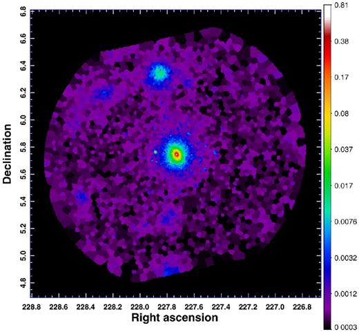 ROSAT/PSPC surface-brightness image of A2029 obtained using Voronoi tessellation (Cappellari & Copin 2003), in units of counts s−1 arcmin−2. Each Voronoi bin includes an average of 20 counts.