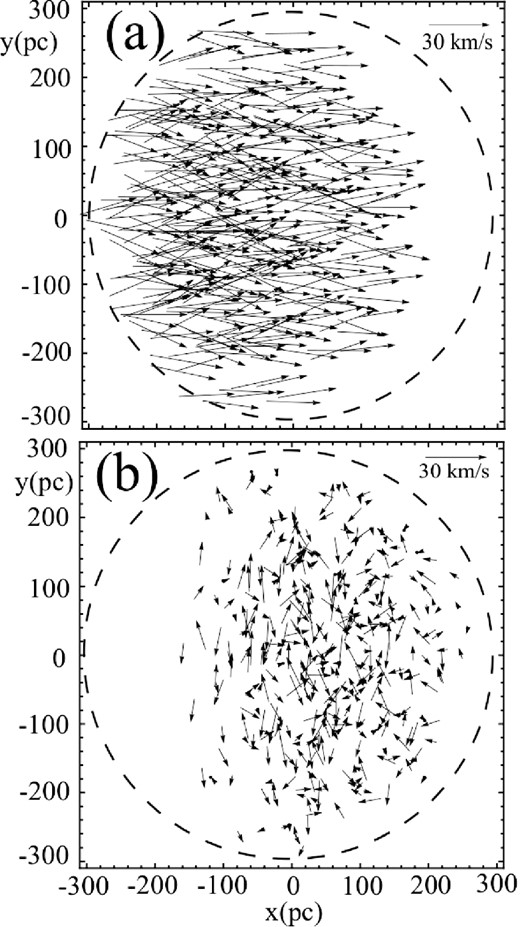Panel (a): spatial distribution and velocity field at the start of the first phase (phase A) for the field stars that will be captured at the end of phase A. The arrows trace the velocity field of these stars. The velocity scale is given by the arrow (=30 km s−1) near the top-right corner. The broken lines indicate the edge of the cloud. Panel (b): spatial distribution and velocity field of the captured stars at the end of phase A.