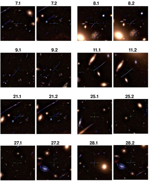 Stamps for double systems 7, 8, 9, 11, 21, 25, 27 and 28. Images have been filtered to reduce light glare from member galaxies.