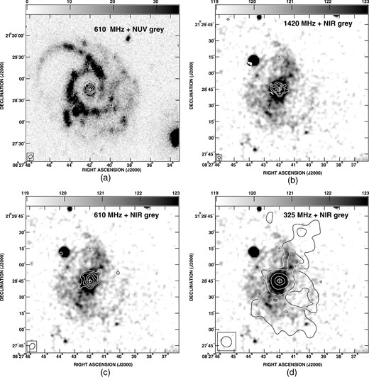 Images of UGC 4422: the cross marks the optical centre of the galaxy and triangle at the north marks the position of the supernova, SN 1999aa. (a) The contours showing the 610 MHz emission are plotted at 0.1 × (−6,−4,4,6,8,10,12) mJy beam−1. The angular resolution is 6 arcsec × 4 arcsec, PA = −35 $_{.}^{\circ}$49. The NUV grey-scale is counts s−1. (b) The contour levels of the 1420 MHz emission are 28 × (−6,−4,4,6,8,10,13) μJy beam−1 for beamsize 3 arcsec × 2 arcsec, PA = 61 $_{.}^{\circ}$05. The NIR grey-scale are data-number. (c) Contour levels are similar to (a). (d) The contours showing the 325 MHz emission are plotted at 0.4 × (−4,−3,3,4,8,10,12,14) mJy beam−1. The beamsize is 10 arcsec × 9 arcsec, PA = 44 $_{.}^{\circ}$53.