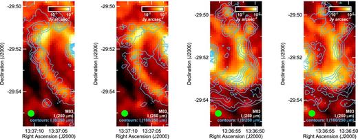 The 250 μm images of the two spiral arms in M83 with the 8/250 μm ratio and 160/250 μm ratio overlaid as contours. The contours for the 8/250 μm ratio start at 0.07 and increase upwards in increments of 0.01. The contours for the 160/250 μm ratio start at 2.4 and increase upwards in increments of 0.2. The images are formatted in the same way as Fig. 2. The 8/250 μm ratios themselves are discussed in Section 3.1, while both the 8/250 and 160/250 μm ratios are discussed in Section 4.2.