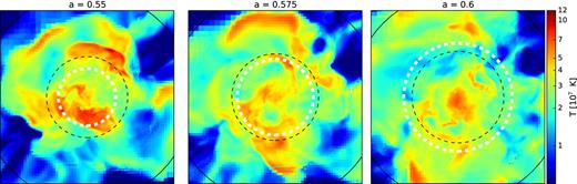 Gas temperature distribution of the simulated cluster used for Figs 3 and B1 at three consecutive snapshots. The size of the images is 4 Mpc h−1, and the mass-weighted temperature is averaged in a slice of thickness ≃ 500 kpc h−1 across the cluster centre. The white dashed circles mark the radial location of the peak in the σtot profile that corresponds to the ‘wiggles’ in Fig. 3 between a = 0.5 and 0.7. Note that the radial extension of the ‘wiggles’ is large, as can be seen from Fig. 3. The black dashed and solid circles show the position of r200 m at the time of the snapshot and at z = 0, respectively.