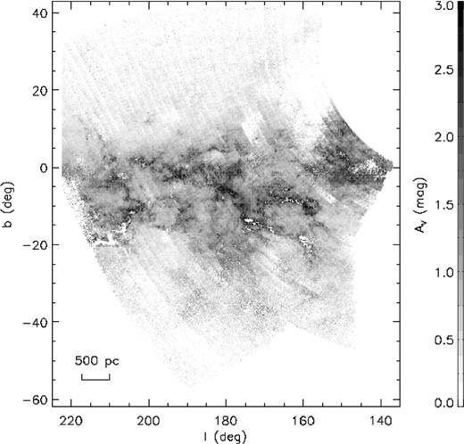 A 2D extinction map, integrated to a distance of 4 kpc for the footprint of XSTPS-GAC. The map has an angular resolution of 6 arcmin.