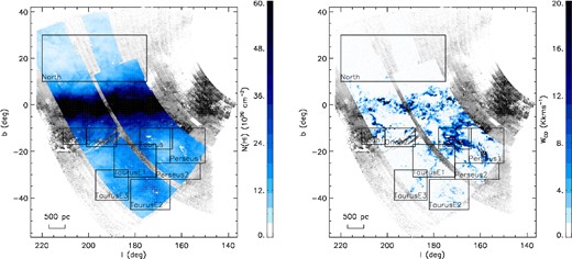 Contours of $N{\rm ({\rm H\,\small {i}})}$ (left panel) and WCO (right panel) in the footprint of XSTPS-GAC. The grey-scale background image illustrates the 4 kpc extinction map. The squares denote different regions analysed in the current work. The maps have an angular resolution of 6 arcmin.