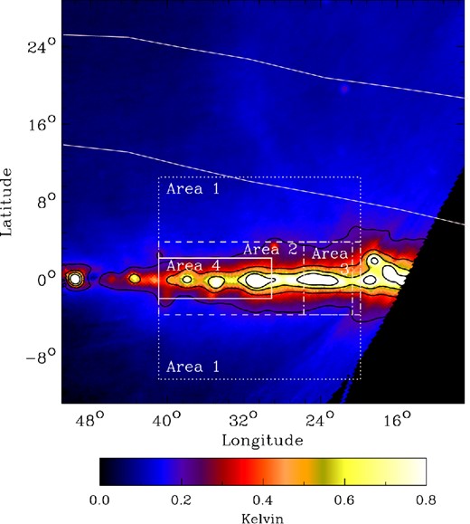 C-BASS 4.76-GHz intensity map using data taken in 2012 January and February showing a region in the first Galactic quadrant. The data are at Nside = 256 and FWHM of 44 arcmin. The white dashed rectangles highlight the four regions, used in this analysis and the white solid curved lines delineate the northern part of the Gould Belt. The empty map region, bottom-right, is due to an absence of C-BASS North data below declination = −30°; this area will be mapped by C-BASS South observations in the future. The colour bar scale is in kelvin and the black contours are spaced at 0.2 K intervals.
