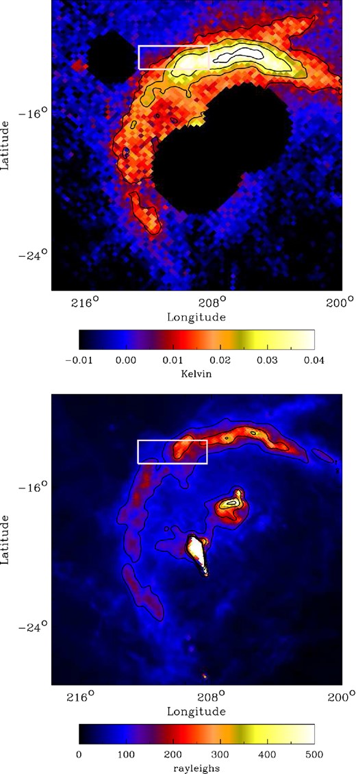 Top: Barnard's Loop as seen at 4.76 GHz by C-BASS North. Nside = 256 and FWHM resolution of 0 $_{.}^{\circ}$73. Orion A, Orion B and NVSS J060746-062303 are masked out. The colour scale is in kelvin and the contours are spaced at 0.01 K intervals. Bottom: Barnard's Loop in Hα emission at healpixNside = 512 and resolution 6.1 arcmin. The colour scale is in rayleighs and the contours spaced at 100 rayleigh intervals between 100 and 500 (Finkbeiner 2003). The morphological similarity between the maps suggests that free–free emission is dominant at 4.76 GHz. The white box encapsulates the region selected for temperature analysis.