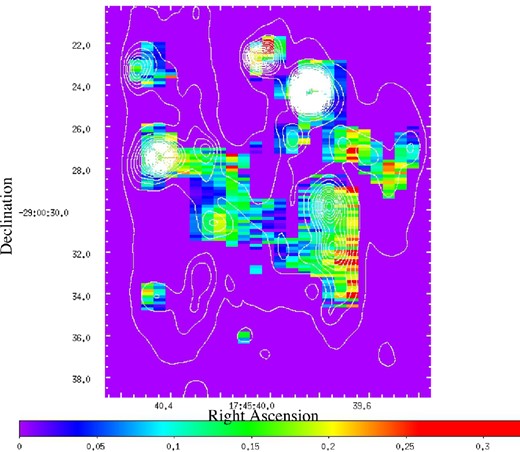 Optical depth map of the gaseous 13CO R(0) line obtained from the corrected data cube for the foreground 12CO ice band and dust extinction. Contours of the integrated M-band map are overlaid.