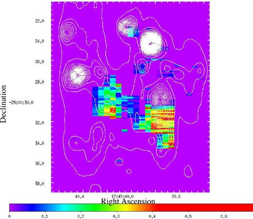 Map of the residual 12CO solid-phase absorption optical depths, corrected for the foreground solid 12CO band and dust extinction with contours of the integrated M-band map.