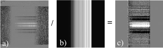 Step 4 of data reduction procedure: here, the A-B frame [shown in (a) and obtained in step 1] is divided by the ‘standard star frame’ [shown in (b) and obtained in step 3] to get a final reduced frame (shown in c). The final frame holds the complete reduced spectra of the sources lying in a single slit. For each slit position, all such reduced frames are added together to increase the S/N. This ended up with a single reduced frame per slit position.