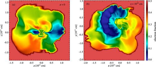 Electron fraction in the fiducial 3D model I3d at time t = 10 s. Shown are 2D slices normal to the x-axis (a) and normal to the z-axis (b). Compare with Fig. 8.