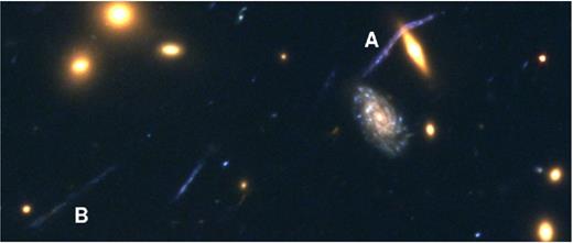 The background galaxy ($z_{\rm phot} = 1.0^{+0.2}_{-0.3}$) lensed by the EOSL (zphot = 0.42 ± 0.06) is marked with A. The EOSL galaxy is shown saturated here but it exhibits a thin disc and a very small bright nucleus. Another very elongated straight arc nearby is marked with a B. The orientation of arc B agrees well with the expected orientation from the lens model. The field of view is 31.4 × 13.2 arcsec2.