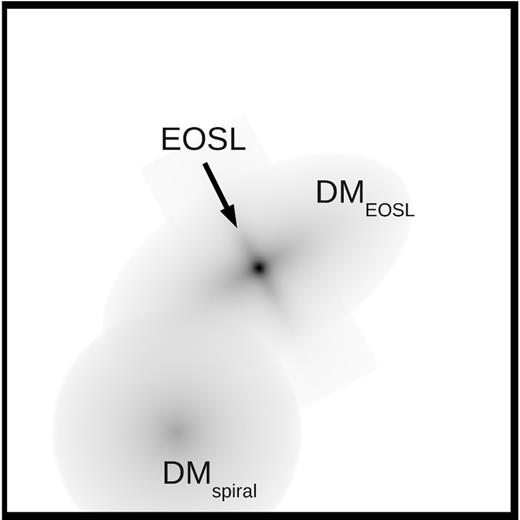 Geometry of the lens plane. The three elements of the lens plane are marked. The EOSL DM corresponds to the best model, a, in Table 1 with e = 0.15, and α = 0°.