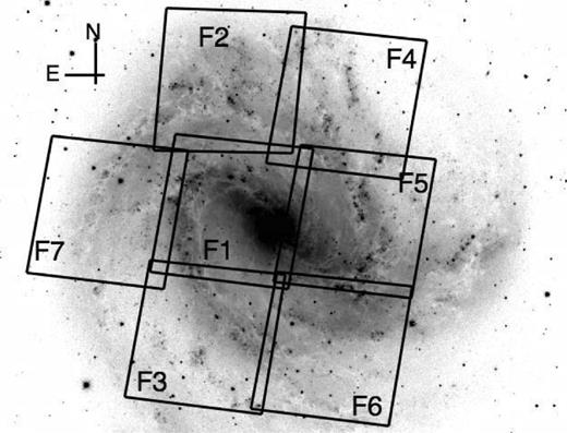 The orientation of the seven M83 fields in HST WFC3. As can be seen, the majority of the galaxy is covered, with a few outer regions missed. Image taken from Adamo et al. (in preparation).