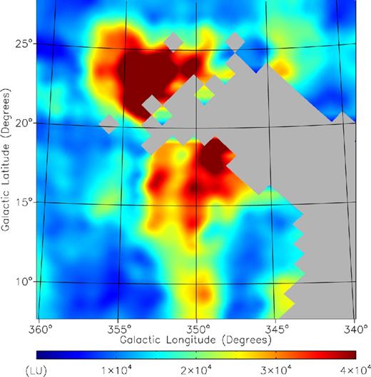 Spectral image for molecular hydrogen fluorescence constructed using the 1608 Å line. The missing area corresponds to those whose pixels have a signal-to-noise (S/N) ratio less than 1, while the S/N ratios of the brightest areas are over 4.