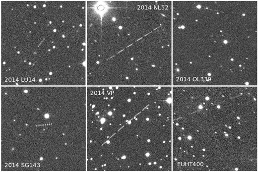 NEA discovery stack images. The field of view (FOV) is 2 arcmin × 2 arcmin in normal sky orientation. 2014 OL339 could be barely seen in the upper side, while for EUHT400 we include only the last four of the available six images.